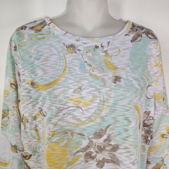 Chicos Top Womens Size 0 Small Mint Green Ivory Floral Sheer Knit 3/4 Sleeve - Picture 3 of 10